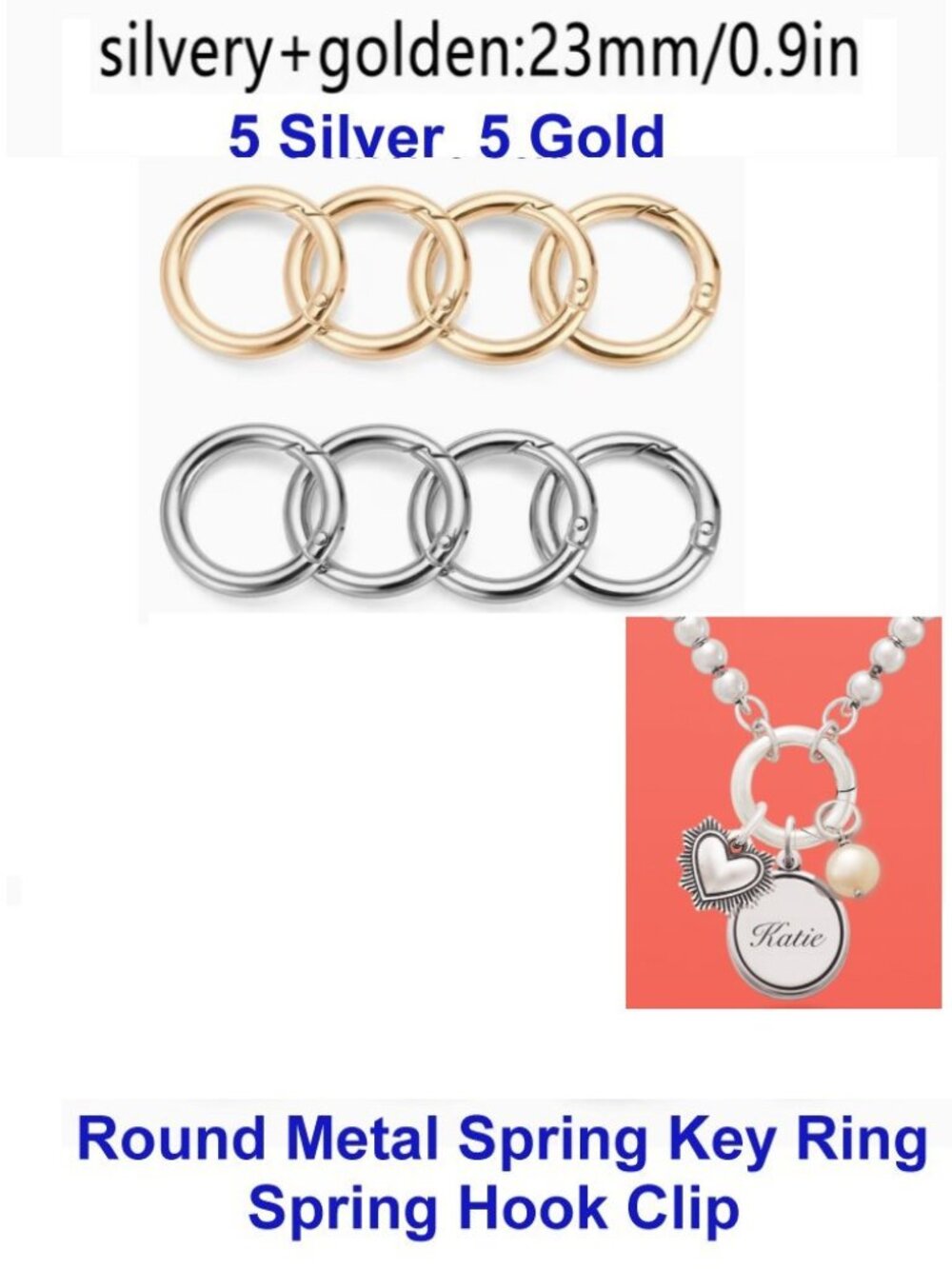Heavy Duty Round Metal Spring Key Ring, Spring Hook Clip  5 Gold 5 Silver